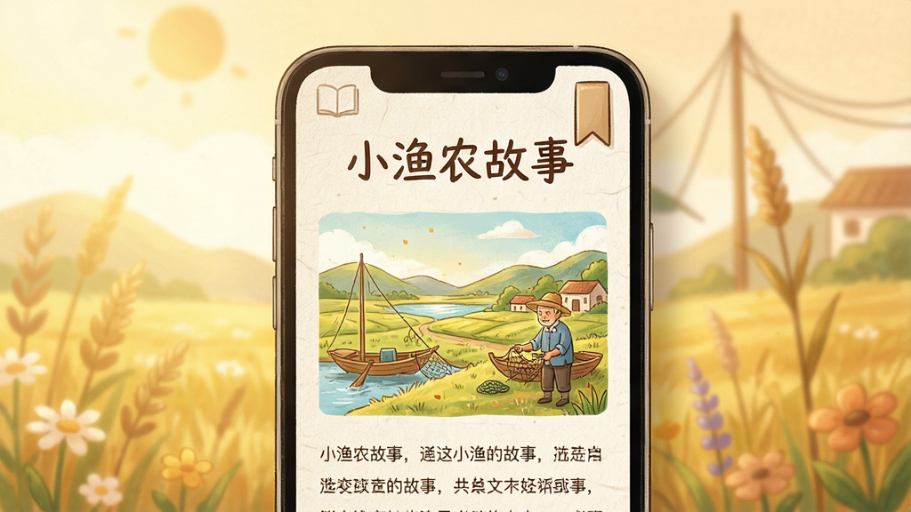 一张展示小渔农乡村故事阅读界面的生图。主体是一个手机屏幕,屏幕上显示一篇乡村故事文章,标题为“小渔农故事”,正文配有田园风光插图。布局为手机居中放置,背景是柔和的暖色调。风格为温馨手绘风,细节包括纸张纹理和书签图标。画质高清,干净,无多余元素。