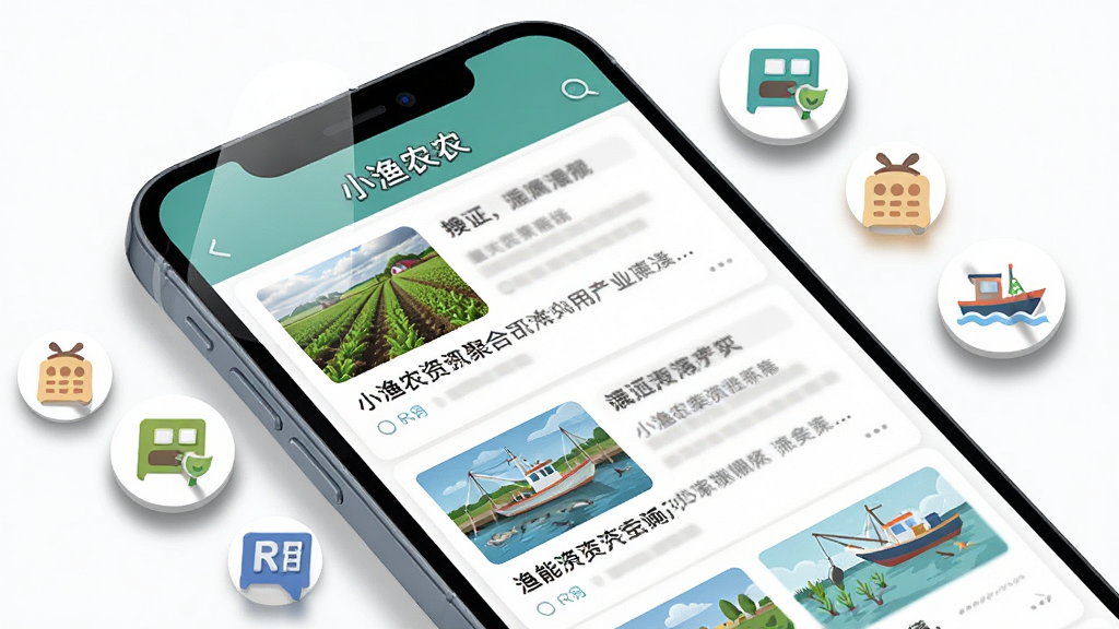一张展示小渔农资讯聚合功能的生图。主体为一个手机屏幕特写,屏幕上显示小渔农应用内的文章列表,每篇文章配有农田、鱼塘、渔船等小图。布局采用斜向排列,屏幕周围漂浮着代表不同资讯类型的小图标。风格为扁平化插画,细节包括图标阴影和屏幕高光。画质清晰,干净,无多余元素。