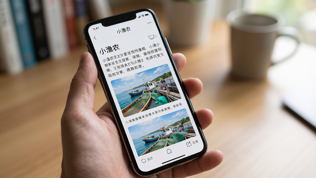 一张展示小渔农在手机上流畅阅读的生图。主体为一只手握着手机,屏幕上显示小渔农文章详情页,文字清晰,配图美观。布局为第一人称视角,背景是模糊的书桌场景。风格为写实摄影风,细节包括手指的肤色和屏幕的清晰度。画质高清,干净,无多余元素。