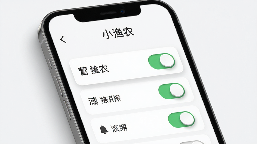 一张展示小渔农订阅推送功能的生图。主体为手机屏幕,屏幕上显示订阅管理界面,有多个栏目开关和铃铛图标。布局采用上下结构,屏幕上方有“小渔农”文字标识。风格为现代简约,细节包括开关的立体感和屏幕边缘的阴影。画质清晰,干净,无多余元素。