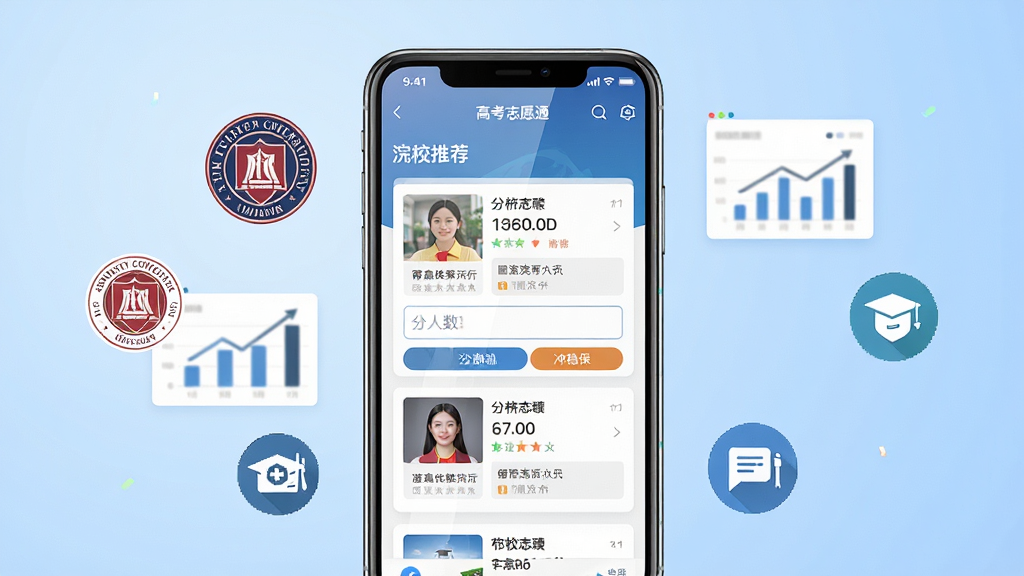 高考志愿通软件主界面全貌展示,画面中央放置一部智能手机,屏幕显示高考志愿通APP的首页界面,包含院校推荐卡片、分数输入框和冲稳保标签,手机周围环绕着院校徽章、数据图表、专业图标等元素,布局采用居中对称方式,整体排版简洁有序,风格为扁平化科技风,细节上手机屏幕有轻微反光,图标线条清晰,背景为浅蓝色渐变,画质高清,干净,无多余元素