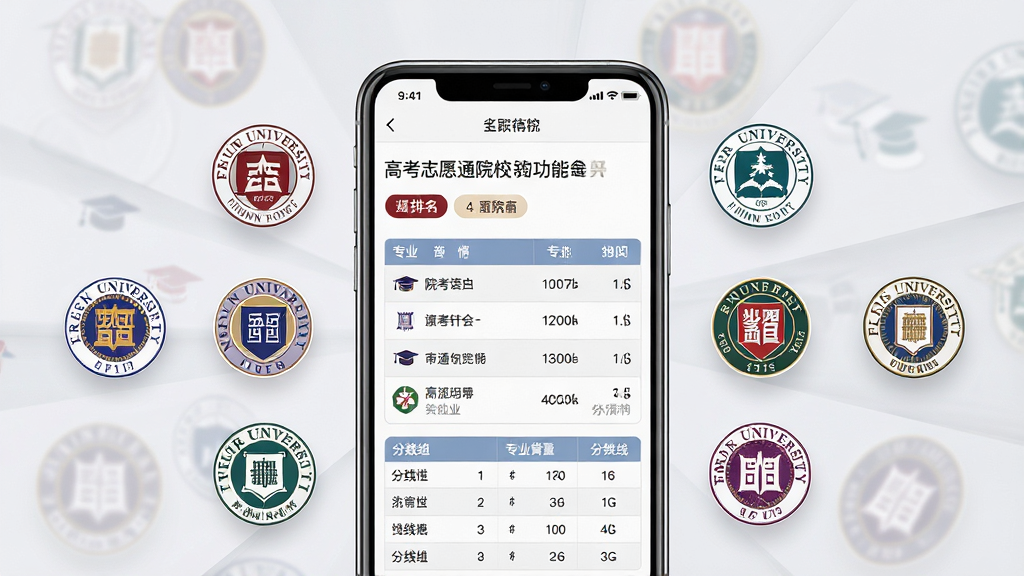 高考志愿通院校查询功能展示图,画面中央为手机屏幕显示某大学详情页,页面上有院校名称、排名标签、专业列表和分数线表格,手机两侧漂浮着多所大学的校徽图标,布局采用中心发散式排版,风格为清新学院风,细节上表格线条清晰,校徽色彩丰富,背景为淡灰色,画质高清,干净,无多余元素