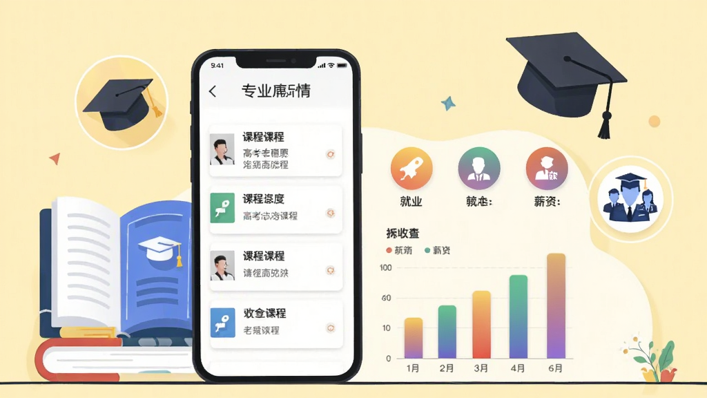 高考志愿通专业解读功能展示图,画面主体为手机屏幕显示专业详情页,包含课程列表、就业方向图标和薪资柱状图,手机旁边有书本、学士帽、职业图标等装饰元素,布局采用上下结构排版,风格为扁平化插画风,细节上柱状图颜色渐变,图标简洁,背景为浅黄色,画质高清,干净,无多余元素