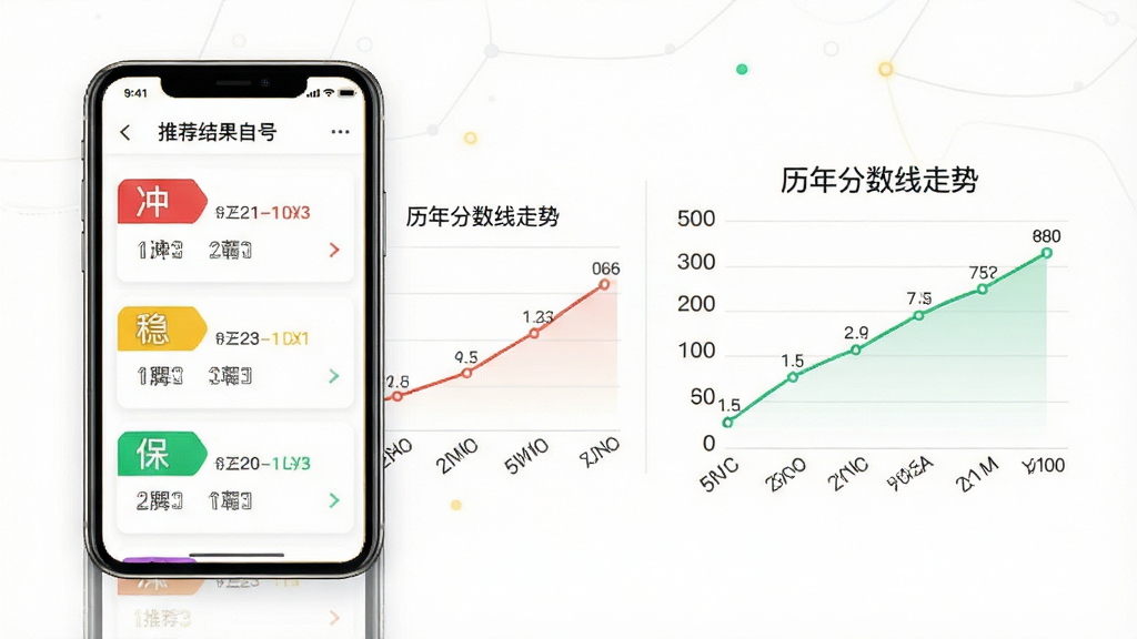 高考志愿通智能推荐功能展示图,画面主体为一部手机屏幕显示推荐结果列表,列表中有冲、稳、保三个彩色标签,旁边有数据曲线图展示历年分数线走势,布局采用左图右文排版,风格为现代简约科技风,细节上标签颜色分别为红、黄、绿,数据曲线清晰,背景为白色,画质高清,干净,无多余元素