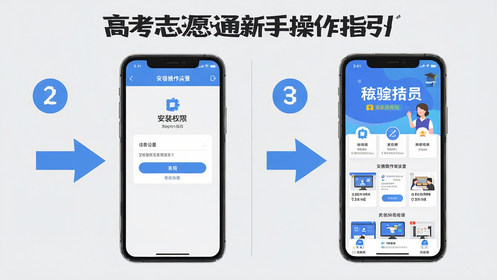 高考志愿通新手操作指引图,画面主体为一部手机显示安装权限设置界面和软件首页,旁边有箭头引导步骤,布局采用左右分栏排版,风格为扁平化教程风,细节上箭头为蓝色,步骤数字清晰,背景为浅灰色,画质高清,干净,无多余元素