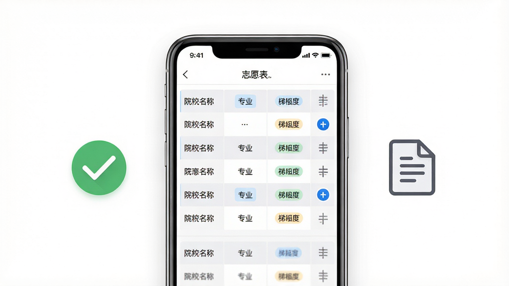 高考志愿通志愿表管理功能展示图,画面中央为手机屏幕显示志愿表编辑界面,表格中有院校名称、专业、梯度标签和拖拽排序图标,手机旁边有对勾图标和文档图标,布局采用居中排版,风格为商务简约风,细节上表格行有浅色交替底色,拖拽图标清晰,背景为白色,画质高清,干净,无多余元素