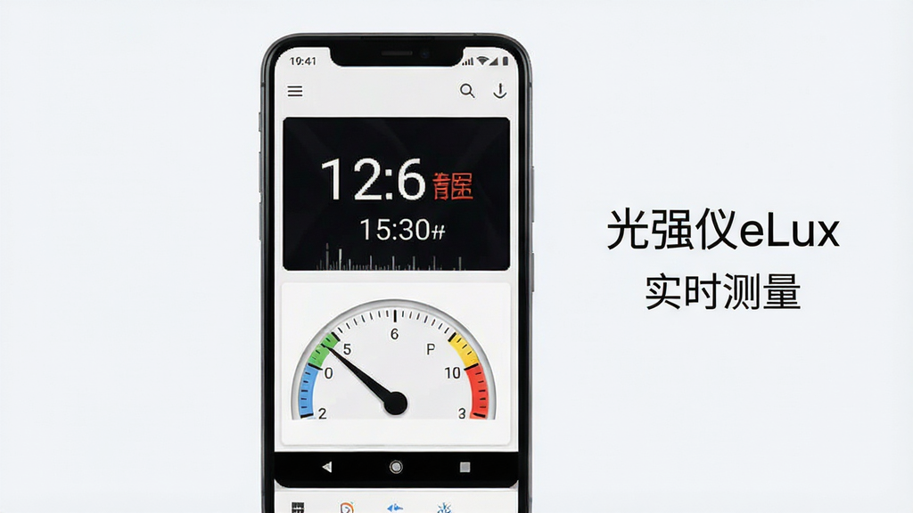 一张展示光强仪eLux软件主界面的手机截图风格图片,画面中央是一部竖屏安卓手机,手机屏幕上显示着光强仪eLux的测量界面,界面中有明显的数字光照强度读数和模拟仪表盘指针,手机周围是干净浅色背景,画面右侧有几行小字标注“光强仪eLux”和“实时测量”,整体风格简洁清新,细节清晰,画质干净,无多余元素