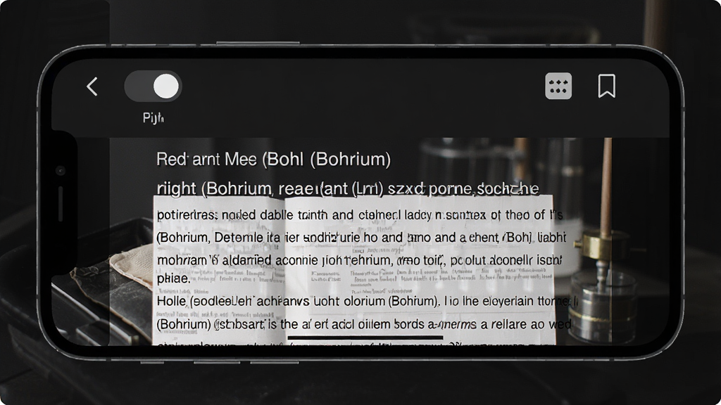 һ��չʾ����(Bohrium)�ƶ����Ķ�ģʽ��ͼƬ���ֻ���Ļ������ã���ʾһƪѧ�����ĵ�PDF�Ű����ݣ�������ҹ��ģʽ�л���ť���ղ�ͼ�꣬����Ϊ��ɫ����ģʽ����������������������רҵ�����ʸɾ����޶���Ԫ��