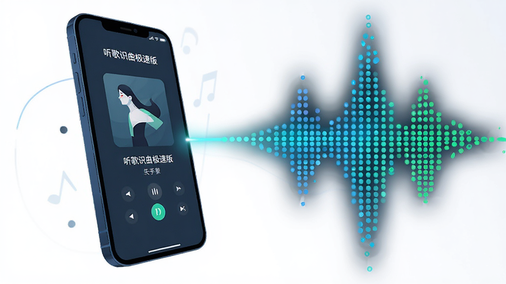 画面主体是一台悬浮的智能手机,屏幕中展示听歌识曲极速版的识别成功页面,页面上显示歌曲封面、歌名和歌手信息,手机右侧延伸出一条光束连接到一个巨大的音频波形图,波形图由蓝绿色光点组成,布局采用左右对称结构,排版清晰,风格为科技感扁平插画,细节上手机屏幕内显示“听歌识曲极速版”文字标识,画质高清,画面干净,无多余元素
