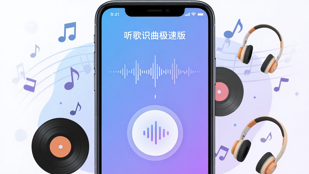 画面中央是一部智能手机,屏幕显示听歌识曲极速版APP的识别界面,界面中央有一个圆形声波按钮,上方显示正在聆听的波形动画,背景是柔和的蓝紫渐变,手机周围漂浮着音符、唱片、耳机等音乐元素,整体布局简洁,排版以手机为视觉中心,风格为现代扁平化UI插画,细节上屏幕内文字清晰显示“听歌识曲极速版”字样,画质高清,画面干净,无多余元素