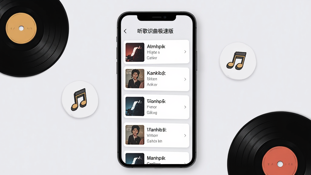 画面展示听歌识曲极速版的历史记录页面,手机屏幕中排列着多张歌曲卡片,每张卡片包含专辑封面、歌名和歌手名,卡片以纵向列表形式排列,背景为浅灰色,手机旁边散落着几张黑胶唱片和音符图标,布局居中,排版整齐,风格为清新简约插画,细节上屏幕顶部显示“听歌识曲极速版”标题,画质高清,画面干净,无多余元素