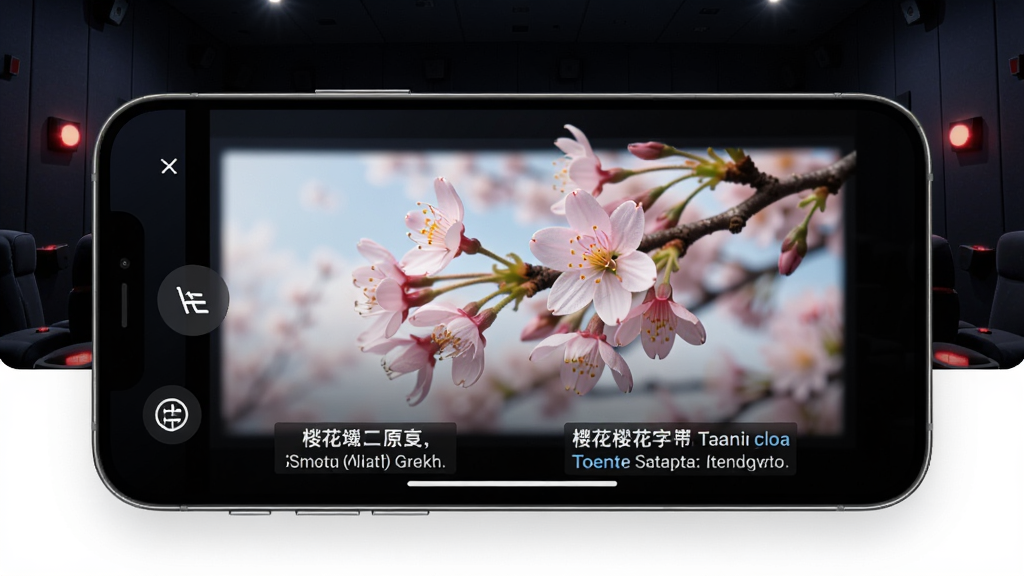 一张展示樱花字幕实时翻译功能的示意图,画面中一部手机横屏显示视频画面,视频下方同时显示原文和译文双语字幕,画面左侧有语言切换图标,背景为深色影院风格,风格科技感强,画质清晰,干净,无多余元素
