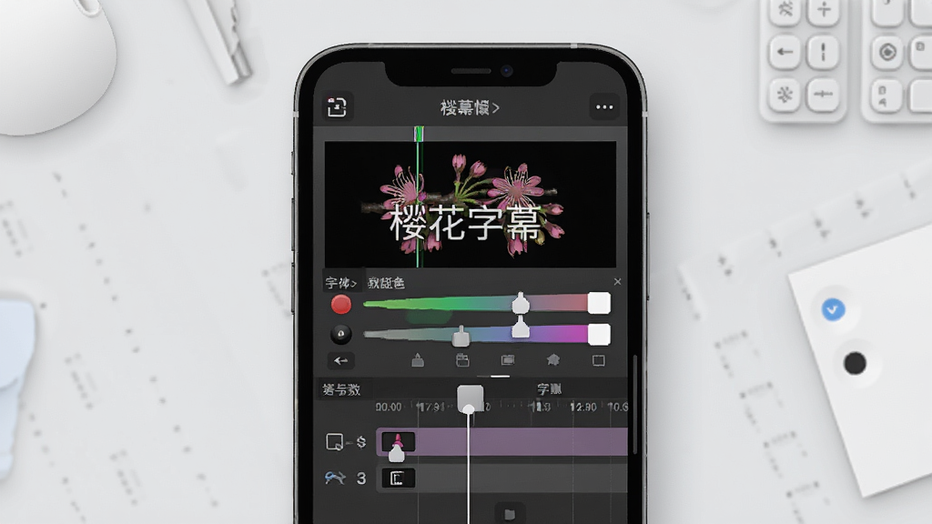 一张展示樱花字幕字幕编辑界面的示意图,画面中手机屏幕上显示字幕编辑面板,包含字体选择、颜色调整、时间轴拖拽等控件,背景为浅灰色工作台风格,风格专业简洁,画质清晰,干净,无多余元素