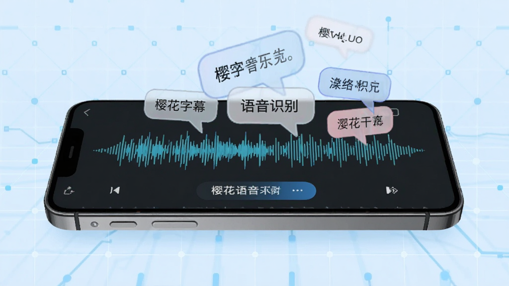 一张展示樱花字幕智能语音识别功能的示意图,画面主体是一部手机屏幕,屏幕上显示着音频波形和正在被识别转换的文字,文字以气泡形式从波形中浮现,背景为淡蓝色科技感网格,风格简洁现代,画质清晰,干净,无多余元素