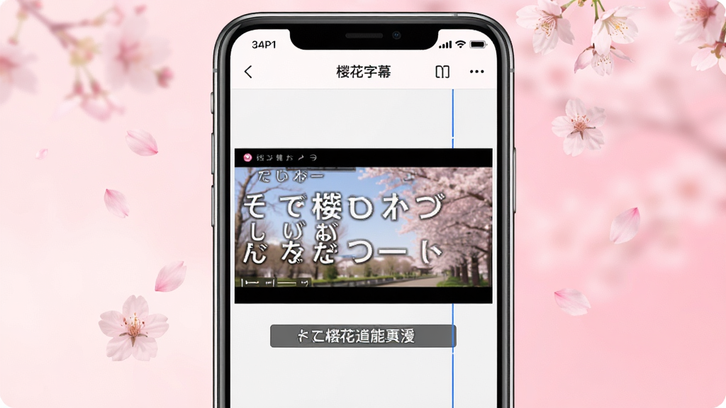 一张展示樱花字幕软件界面的手机应用场景图,画面中央是一部智能手机,屏幕上显示着樱花字幕APP的视频字幕编辑界面,界面中有日文视频画面和下方同步生成的中文字幕条,背景是柔和的樱花粉色渐变,周围点缀着几片飘落的樱花花瓣,整体风格清新简洁,画质清晰,干净,无多余元素