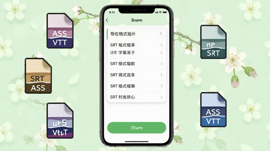 一张展示樱花字幕导出与分享功能的示意图,画面中手机屏幕显示导出格式选择列表和分享按钮,周围环绕着SRT、ASS、VTT等格式图标,背景为淡绿色清新风格,画质清晰,干净,无多余元素