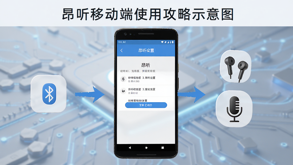 昂听移动端使用攻略示意图,画面展示一部安卓手机,屏幕上显示昂听的权限设置页面,旁边有蓝牙耳机和麦克风的图标,背景是简洁的科技风格,有箭头指示操作步骤,画质清晰,干净无多余元素
