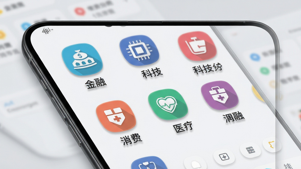 发现报告应用内报告分类页面展示,画面以手机屏幕为主体,屏幕中显示多个行业图标和分类标签,包括金融、科技、消费、医疗等,图标采用扁平化彩色设计,背景为浅灰色,布局整齐,风格简洁商务,细节包括分类文字和图标阴影,画质高清,干净,无多余元素