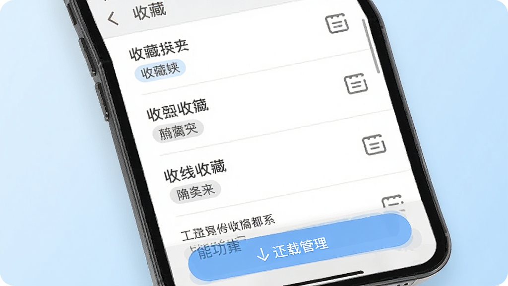 发现报告收藏夹与离线阅读功能界面,画面中手机屏幕显示收藏列表,每条收藏带有标签和备注图标,底部有下载管理按钮,背景为淡蓝色渐变,风格清新简约,细节包括列表分隔线、图标样式和文字层级,画质高清,干净,无多余元素