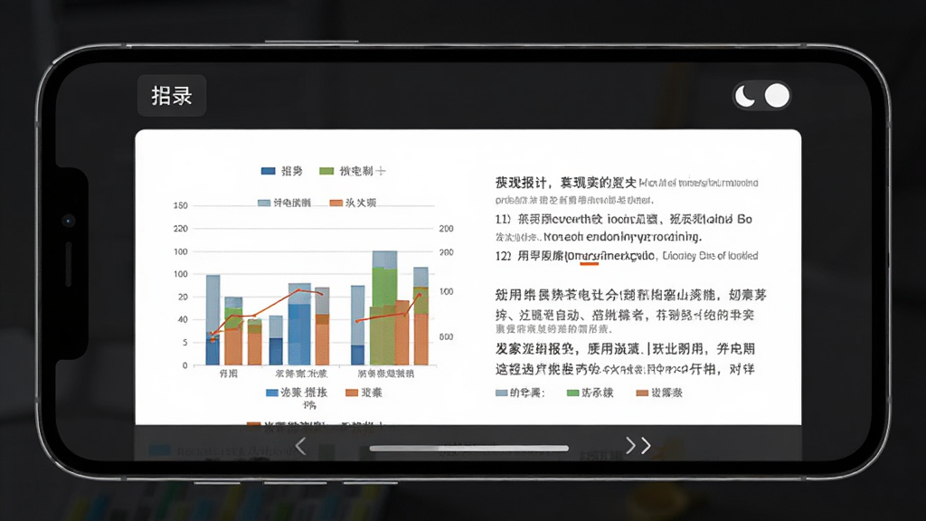 发现报告手机端阅读报告界面,画面展示一部手机横屏放置,屏幕中显示一份带有图表和文字的行业报告页面,顶部有目录按钮和夜间模式切换图标,背景为深色模式,风格沉稳专业,细节包括图表颜色、文字排版和底部翻页指示,画质高清,干净,无多余元素
