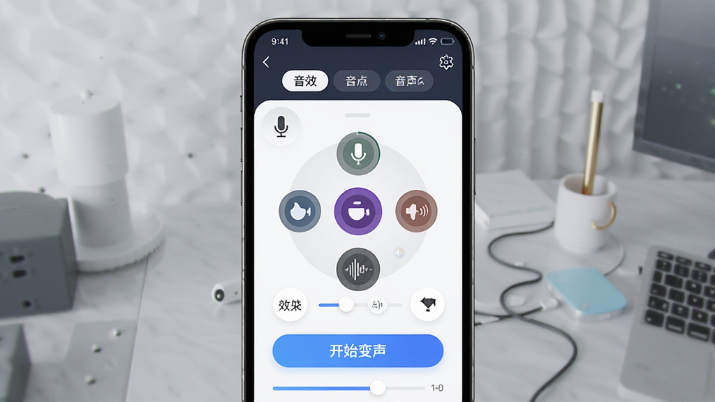 变声器助手软件主界面展示,主体为一部智能手机屏幕,屏幕中显示变声器助手应用界面,布局清晰,上方有音效分类标签,中间为音色选择圆形图标,下方有开始变声按钮,排版简洁,风格为现代科技感UI设计,细节包括麦克风图标、波形动画和音效参数滑块,画质高清,干净,无多余元素