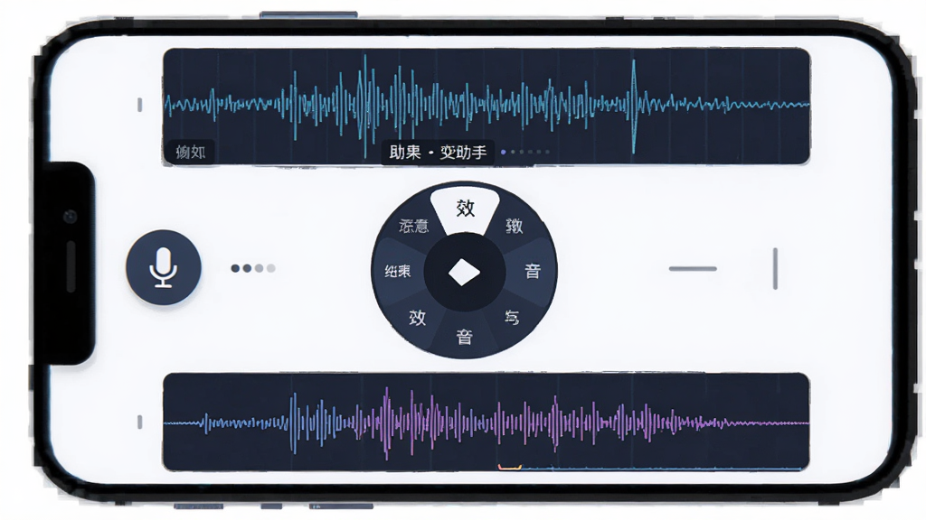 变声器助手实时变声功能演示图,主体为手机屏幕显示变声器助手正在运行,布局为上方显示输入波形,中间有音效选择轮盘,下方显示输出波形,排版突出实时处理过程,风格为扁平化科技插画,细节包括麦克风图标、音效名称标签、动态声波线条,画质清晰,干净,无多余元素