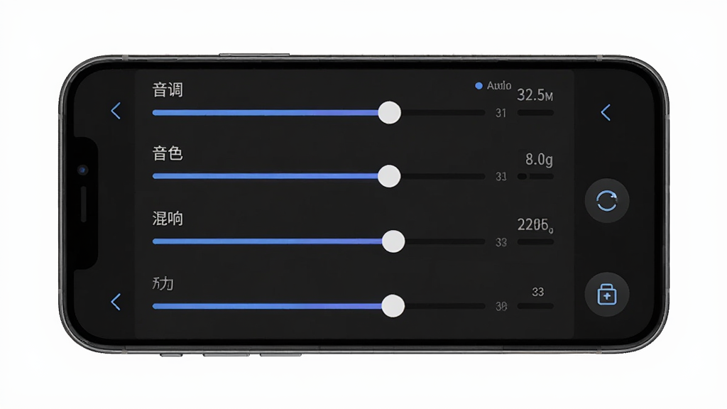 变声器助手自定义调节面板界面,主体为手机屏幕展示变声器助手参数调节页面,布局为多个横向滑块排列,分别标注音调、音色、混响等,排版整齐,风格为深色主题UI,细节包括数值显示、重置按钮、预设保存图标,画质高清,干净,无多余元素