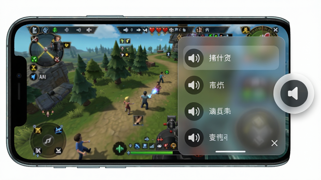 变声器助手悬浮窗操作示意图,主体为手机屏幕显示游戏画面,屏幕边缘有一个圆形悬浮窗图标,布局为游戏界面与悬浮窗并存,排版展示悬浮窗展开后的音效列表,风格为写实游戏场景与UI结合,细节包括悬浮窗半透明效果、音效图标、关闭按钮,画质清晰,干净,无多余元素