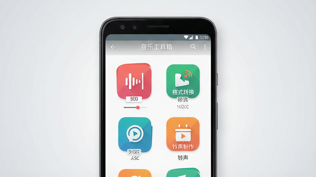 一张展示音乐工具箱APP界面的手机样机图,主体为安卓手机正视图居中放置,手机屏幕内显示音乐工具箱主界面包含音频剪辑、格式转换、铃声制作等功能入口图标,布局简洁整齐,排版采用居中构图,风格为现代科技感扁平化设计,细节包括手机边框圆角处理、屏幕内图标色彩鲜明、背景为浅灰色渐变,画质高清干净无多余元素