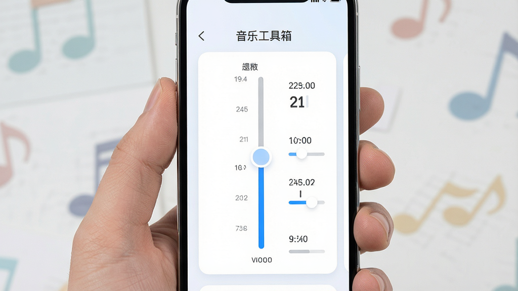 一部手机展示音乐工具箱音量调节功能界面,主体为手机屏幕内音量滑块和参数调节面板,布局为居中纵向排列,排版简洁明了,风格为清新浅色系UI设计,细节包括滑块带有蓝色高亮轨道、数值实时显示、背景为白色卡片式布局,画质高清干净无多余元素,屏幕中文字显示