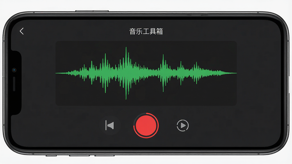 一部手机展示音乐工具箱录音功能界面,主体为手机屏幕内录音波形和红色录音按钮,布局为居中显示波形图下方为控制按钮,排版简洁,风格为现代简约风,细节包括录音按钮为圆形红色高亮、波形为绿色动态显示、背景为深灰色,画质高清干净无多余元素,屏幕中文字显示