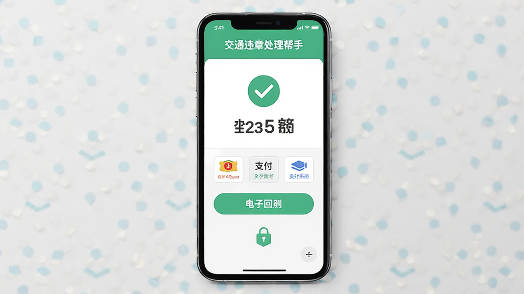 一张AI生成图片,主体为手机屏幕展示“交通违章处理帮手”的缴费成功页面,布局为手机正面居中,屏幕内显示绿色对勾与缴费金额,排版简洁,风格为清新扁平化,细节包括支付方式图标、电子回执按钮、安全锁标识,画质高清,干净,无多余元素