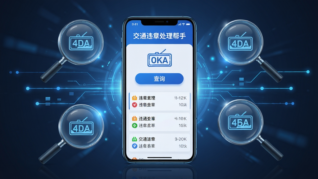 一幅AI生图,画面主体是一部智能手机,屏幕上显示“交通违章处理帮手”的违章查询结果页面,布局为手机居中、周围环绕放大镜与数据线条元素,排版采用中心对称构图,风格为科技感写实风,细节包括蓝色光效、车牌图标、查询按钮、违章列表条目,画质4K,干净,无多余元素