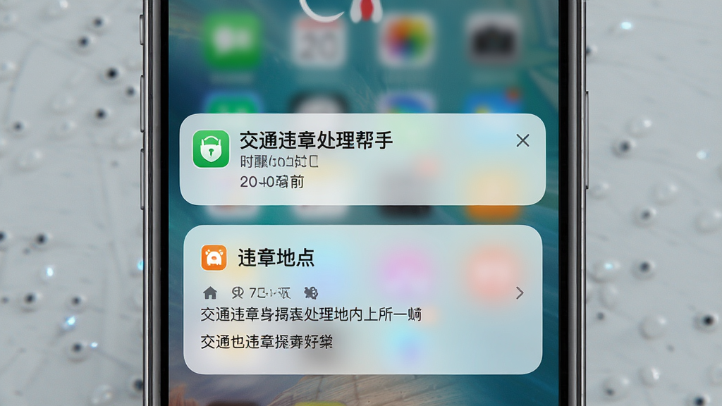 一张AI生成图片,主体为手机锁屏界面弹出“交通违章处理帮手”的新违章提醒通知,布局为手机居中,屏幕内显示通知横幅与违章摘要,排版清晰,风格为写实UI风,细节包括通知图标、时间戳、违章地点文字,画质高清,干净,无多余元素