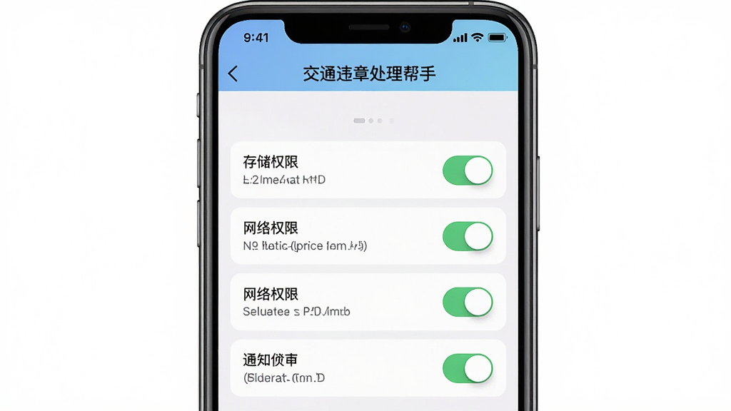 一张AI生成图片,主体为手机屏幕显示“交通违章处理帮手”的权限设置页面,布局为手机居中,屏幕内列出各项权限开关,排版清晰,风格为写实UI风,细节包括存储权限、网络权限、通知权限开关,画质高清,干净,无多余元素