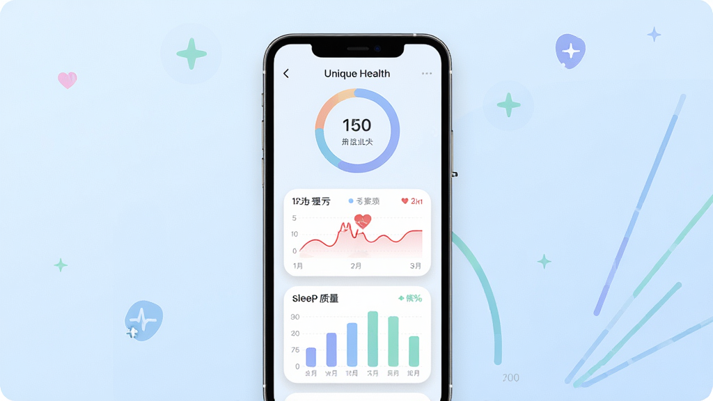 一张展示 Unique Health 手机应用主界面的图片,画面中央是一部智能手机,屏幕上显示着色彩柔和的健康数据仪表盘,包含步数圆环、心率曲线和睡眠质量柱状图。布局采用居中构图,背景是干净的浅蓝色渐变,风格为现代扁平化UI设计,细节上可见数据卡片带有轻微阴影和圆角,画质清晰,干净,无多余元素