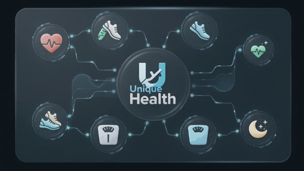 一张展示 Unique Health 数据追踪功能的图片,主体是一个半透明的数据面板,上面有各种动态图标,如心脏、跑鞋、体重秤和睡眠符号,它们通过发光线条连接。布局采用环绕式,中心是 Unique Health 的Logo。风格偏向科技感与健康感的结合,细节上图标有微光效果,背景为深色以突出数据亮点,画质清晰,干净,无多余元素