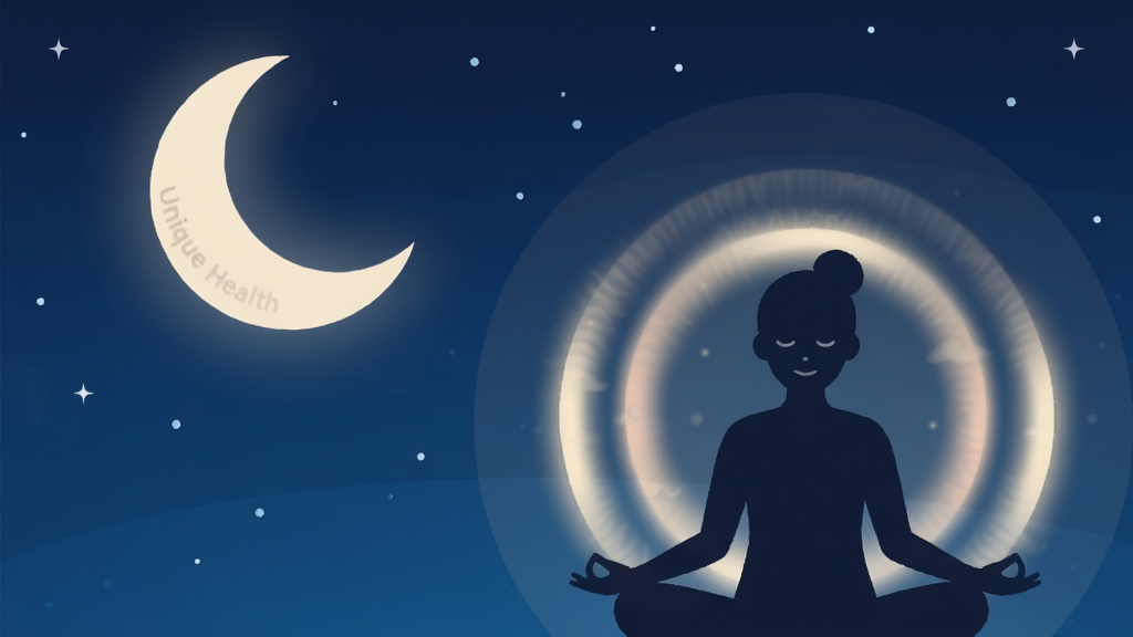 一张展示 Unique Health 睡眠监测与冥想功能的图片,主体是一个安静夜晚的场景,一轮弯月挂在空中,下方是一个正在闭眼冥想的人物剪影,周围环绕着代表呼吸节奏的柔和光圈。布局上月亮在左上角,人物在右下角。风格为宁静治愈的插画风,细节上光圈有呼吸般的明暗变化,背景是深蓝色星空,画质清晰,干净,无多余元素