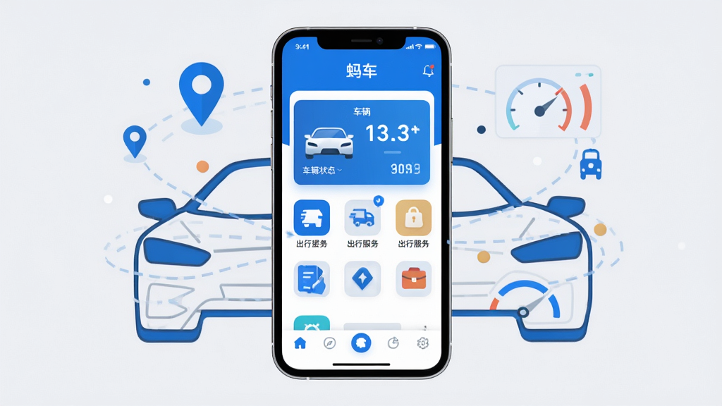 画面中央是一部智能手机,屏幕上显示“蚂车”应用主界面,界面包含车辆状态卡片、出行服务图标与底部导航栏。手机周围环绕简约的汽车轮廓线条、定位图标与数据仪表元素。整体采用扁平化科技风格,蓝白配色为主,背景干净浅灰,构图居中对称,细节清晰,画质高清,无多余杂乱元素。