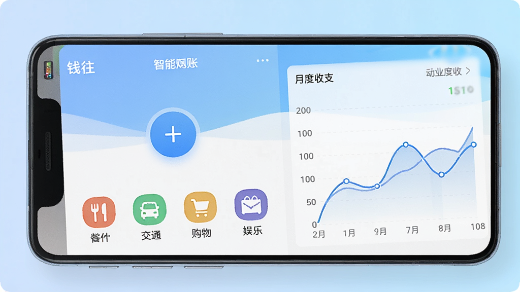 一部安卓手机展示“钱往”应用的智能记账界面,屏幕中央有醒目的“+”号添加按钮,下方排列着餐饮、交通、购物、娱乐等分类图标,右侧有自动生成的月度收支折线图,背景为柔和渐变蓝色,整体布局清晰有序,风格现代简洁,画质细腻,干净无多余元素