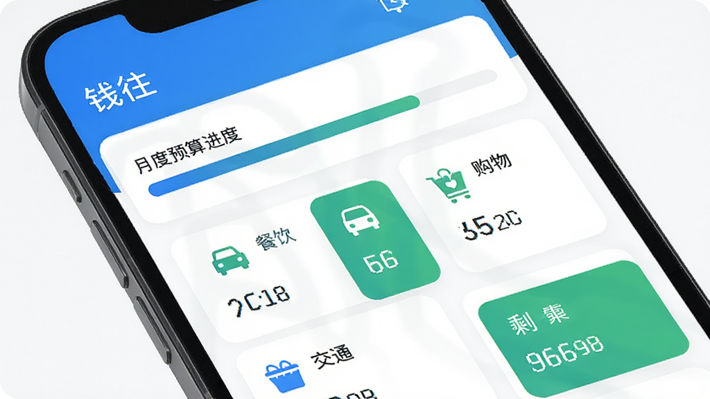 手机屏幕呈现“钱往”应用的预算管理页面,画面上方显示月度预算进度条,下方列出餐饮、交通、购物等多个分类预算卡片,每张卡片配有对应的图标和剩余额度数字,整体配色以蓝白绿为主,风格清爽干净,布局规整,画质高清,无多余元素