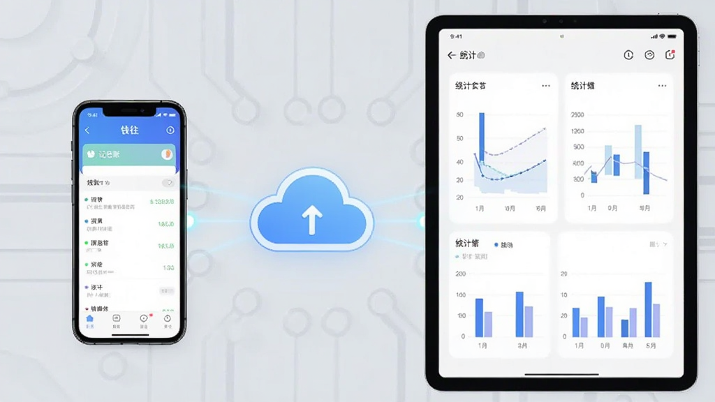 一部手机和一台平板电脑并排展示“钱往”应用界面,两台设备之间用云朵图标连接表示数据同步,手机显示记账列表,平板显示统计图表,背景为浅灰色科技感风格,整体布局对称,画质清晰,干净无多余元素