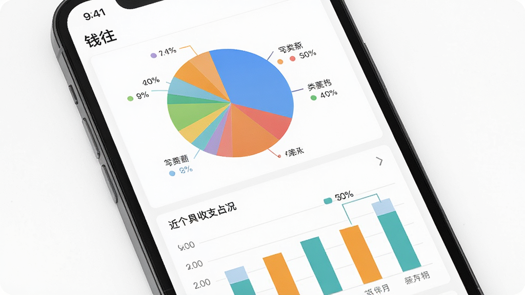 一部手机展示“钱往”应用的数据报表页面,屏幕上半部分为彩色饼状图展示各分类支出占比,下半部分为柱状图对比近六个月收支情况,图表颜色鲜明,数据标注清晰,背景为纯白色,整体风格专业简洁,画质清晰,干净无杂乱元素