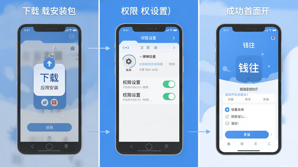 一张展示手机应用安装步骤的示意图,画面分为三个部分,左侧显示下载安装包,中间显示权限设置开关界面,右侧显示“钱往”应用成功打开的首页面,整体风格为扁平化信息图,配色以蓝白灰为主,布局清晰,画质干净,无多余元素