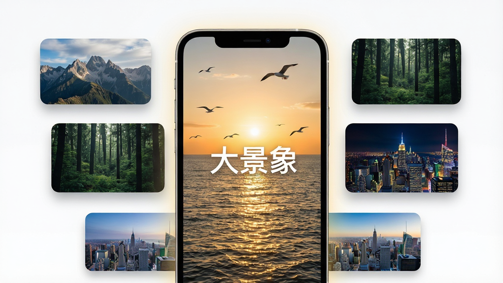 画面中央展示一部智能手机,手机屏幕内呈现壮阔的大海与金色夕阳交相辉映的景象,海面上波光粼粼,远处有海鸥飞过。手机周围环绕着多个悬浮的视频缩略图卡片,分别展示山脉、森林、城市夜景等不同景观素材。整体布局采用居中对称式排版,风格为现代科技感与自然美学融合,细节上手机边缘有柔和光晕,缩略图卡片带有轻微阴影和圆角,画质高清,画面干净,无多余元素,图片中打文字“大景象”。