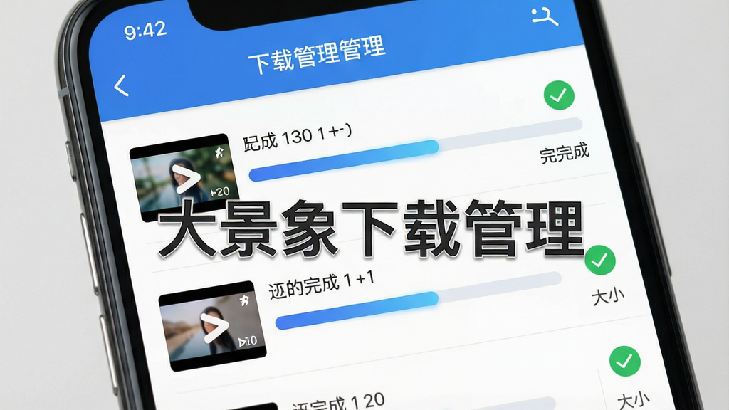 画面展示一个手机屏幕特写,屏幕内显示下载管理界面,界面中有多个视频素材的下载进度条、已完成标识和文件大小信息。布局为上下结构,上方是标题栏,下方是列表式下载任务。风格为扁平化设计,细节上进度条为蓝色渐变,已完成任务带有绿色对勾图标,画质高清,画面干净,无多余元素,图片中打文字“大景象下载管理”。