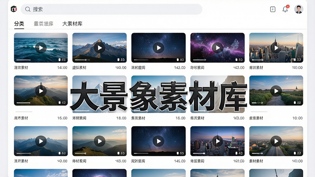 画面主体为一个巨大的虚拟素材库界面,界面中整齐排列着大量视频缩略图,内容涵盖海洋、山脉、星空、城市等景观。布局采用网格状排列,风格为简洁现代的UI设计风格,细节上每个缩略图带有播放按钮图标和时长标签,界面顶部有搜索栏和分类标签,画质高清,画面干净,无多余元素,图片中打文字“大景象素材库”。