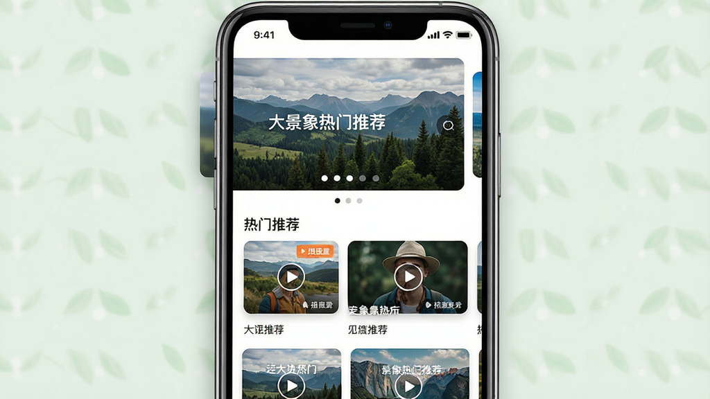 画面展示一个手机应用首页界面,顶部有轮播图展示热门景观素材,下方为“热门推荐”板块,排列着多个视频缩略图卡片。布局采用上下滚动式排版,风格为清新自然的视觉风格,细节上轮播图带有指示点,缩略图卡片带有标题和播放量标签,画质高清,画面干净,无多余元素,图片中打文字“大景象热门推荐”。