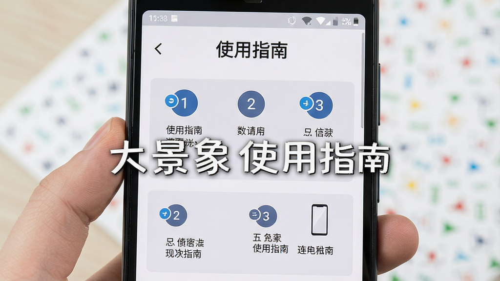 画面展示一部安卓手机屏幕,屏幕内显示大景象APP的使用指南页面,页面中有清晰的步骤图标和文字说明。布局为上下结构,上方是标题“使用指南”,下方是分步骤的图文说明。风格为简洁明快的UI设计,细节上步骤图标为圆形数字标识,文字说明区域有浅灰色背景,画质高清,画面干净,无多余元素,图片中打文字“大景象使用指南”。