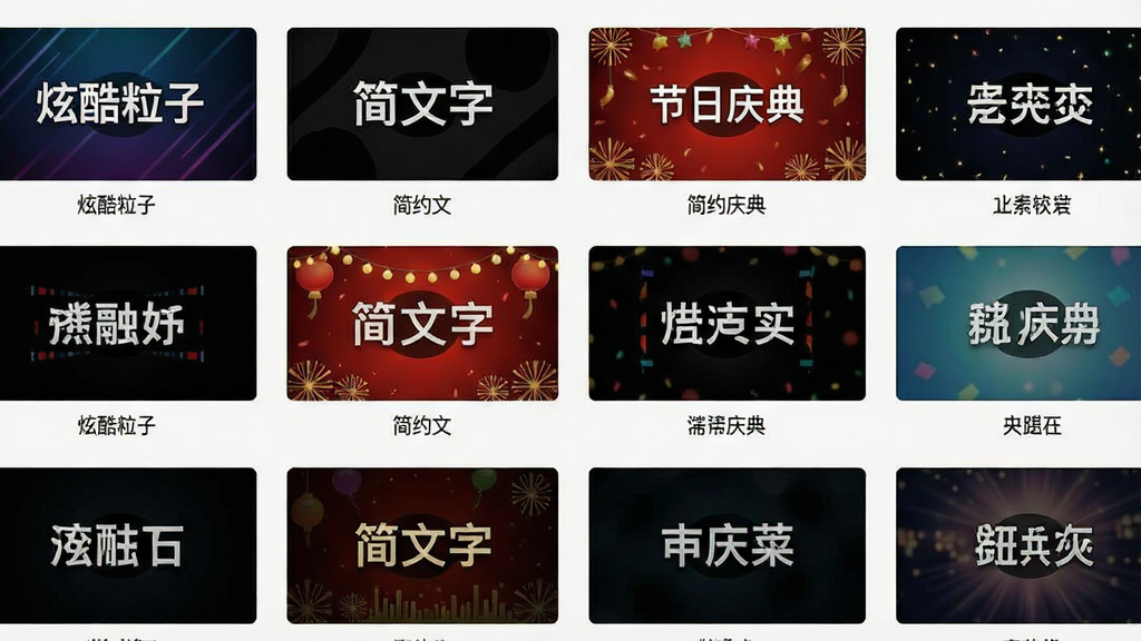 一张展示片头软件模板库界面的图片,画面中整齐排列着多个不同风格的视频片头模板缩略图,每个模板下方标注分类名称如